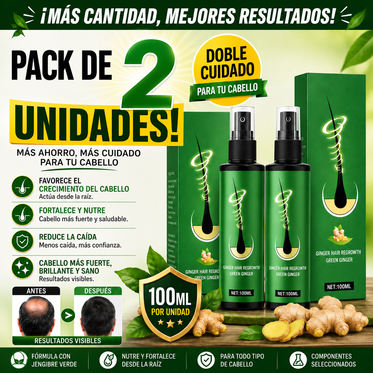 Pack de 2 Spray de Crecimiento del Cabello 100ml Green Ginger